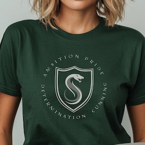 Wizard School Ambitious Serpent House Tee, Dark Snake Crest Shirt, Traits of Ambition Pride Determination Cunning, Unisex & Youth T-shirt