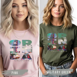 Pink / Military Green shirt featuring Orinda California text with the iconic Orinda Theatre design integrated into the letters. Simple and stylish, this tee is perfect for showcasing local pride and celebrating Orinda and Lamorinda’s charm