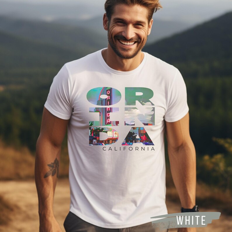 White shirt featuring Orinda California text with the iconic Orinda Theatre design integrated into the letters. Simple and stylish, this tee is perfect for showcasing local pride and celebrating Orinda and Lamorinda’s charm in the East Bay