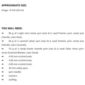May include: A list of materials for crocheting a Grogu doll, about 20 cm tall. The list includes various colours of yarn, crochet hooks, safety eyes, a yarn needle, scissors, and stuffing. The text also specifies the yarn weight.