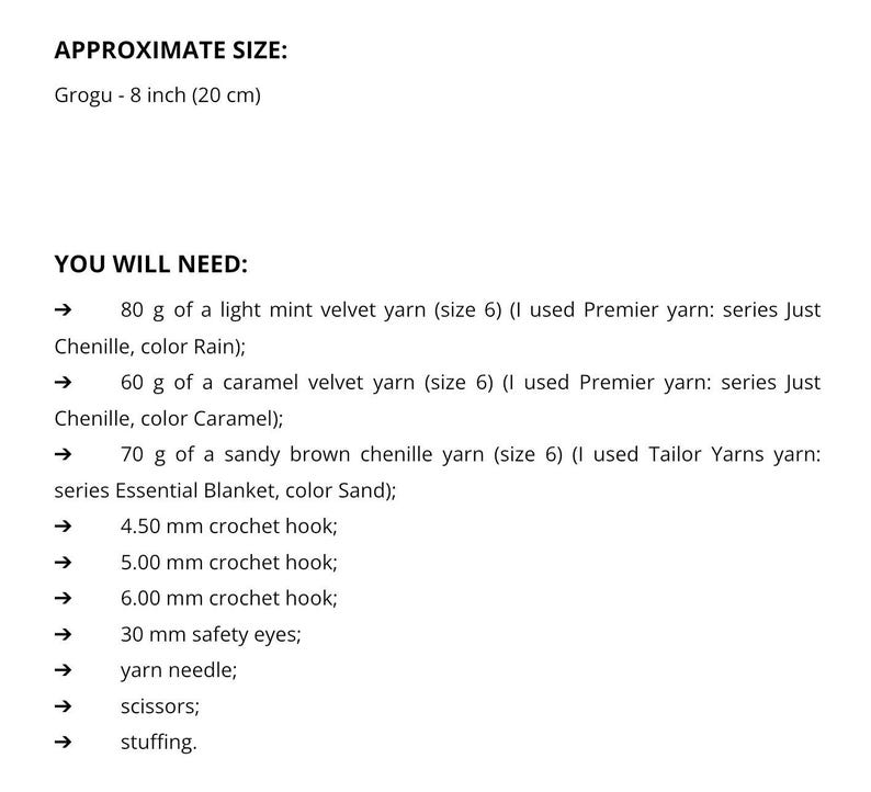May include: A list of materials for crocheting a Grogu doll, about 20 cm tall. The list includes various colours of yarn, crochet hooks, safety eyes, a yarn needle, scissors, and stuffing. The text also specifies the yarn weight.