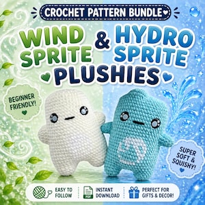 Peut inclure: Un ensemble de patrons de crochet avec deux peluches : un Sprite du Vent blanc et un Sprite Hydro bleu. L'image contient du texte qui dit "Débutant !" et "Super doux et moelleux !" Le patron est "Facile à suivre" et disponible en "Téléchargement instantané."