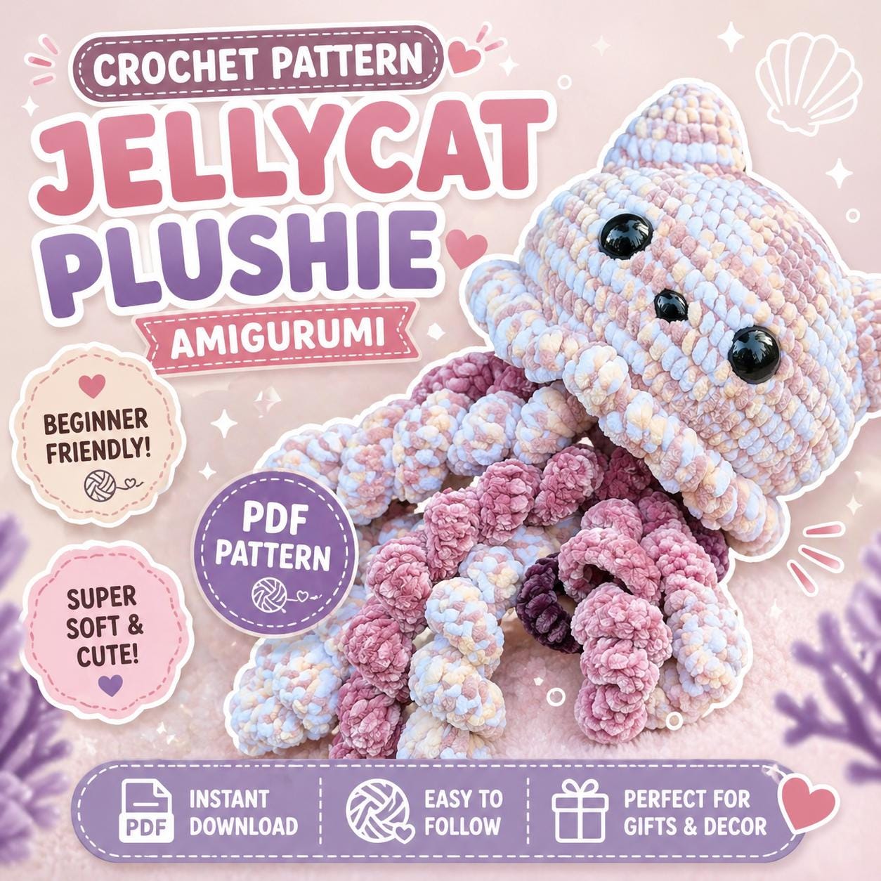 Jellycat Crochet Pattern – Kitty Jellyfish Amigurumi Plushie (PDF