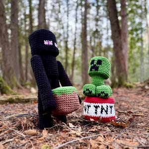 Peut inclure: Deux personnages Minecraft en crochet noir et vert dans un décor de forêt. Le personnage noir tient un bloc brun et vert. Le personnage vert se tient sur un bloc rouge et blanc avec le texte "TNT" dessus.