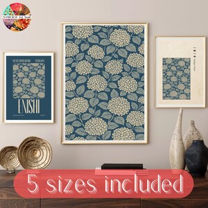 Set di 3 Stampe Digitali Hydrangea Chiyogami｜Arte Giapponese Tradizionale｜Sfondo Blu con Trama di Carta Washi｜Poster Giapponese da Scaricare