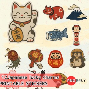 Stickers PNG japonais porte-bonheur à imprimer | Motifs classiques | Fichiers Cricut | Feuille de stickers | Usage commercial autorisé