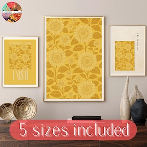 Set di 3 Stampe Digitali con Girasole in stile Chiyogami｜Arte Tradizionale Giapponese｜Carta Giapponese (和紙 Washi) Gialla per Download