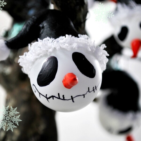 Holiday Ornament - Nightmare Before Christmas - Mini Snowman Skelly - Handpainted Glass - Unique Gifts