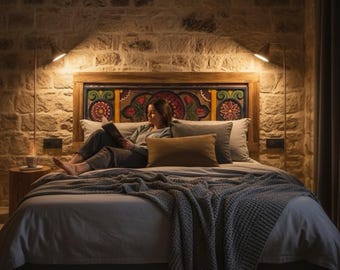 Handgeschnitztes Kopfteil aus Holz, handgemaltes Boho Bett Kopfteil, Kopfteil mit Blumenmuster, benutzerdefinierte Größe Queen King Cali King Twin Full