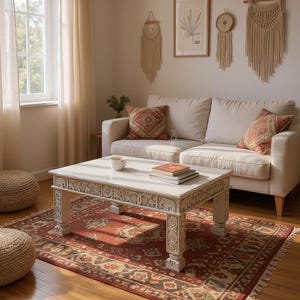 Hand-Carved White Coffee Table with Elephant Design – Moroccan Style Square Wooden Table, Boho Home Decor