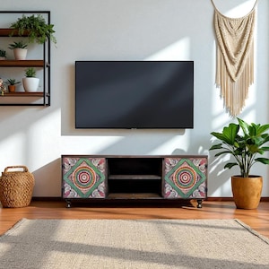 Hand Carved TV Stand, Boho Wooden Console, Rustic Media Cabinet with Floral Design