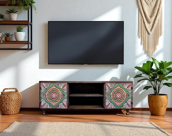 Hand Carved TV Stand, Boho Wooden Console, Rustic Media Cabinet with Floral Design