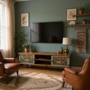 Hand Carved TV Stand with Goddess Isis Design, Wooden Media Console, Mythological Furniture, Custom Boho Cabinet