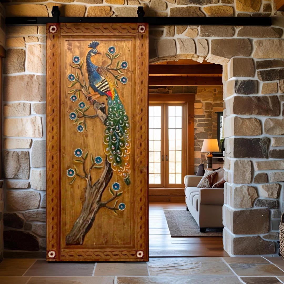 Hand Carved Peacock Barn Door - Sliding Wood Door - Custom Size Rustic ...