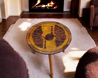 Hand Carved Tree of Life Round Side Table | Solid Wood Table with Glass Insert | Boho Customizable End Table | Nature-Inspired Decor