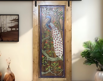 Hand Carved Peacock Barn Door – Sliding Wooden Door – Floral Design – Custom Size & Color – Rustic Farmhouse Interior Door