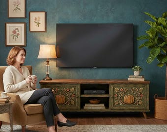 Handgeschnitzter TV-Ständer, rustikale Medienkonsole im Landhausstil, Entertainment-Center aus Massivholz, Schrank mit Kürbis-Herbstdeko, maßgefertigtes TV-Möbel