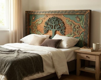 Hand Carved Wood Headboard, Tree of Life & Eye Design, Floral Ottoman Style, Custom King/Queen Size Bed Decor
