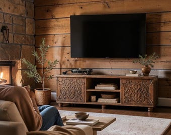 Mueble de TV tallado a mano, consola con acabado en nogal, mueble multimedia rústico bohemio, unidad de entretenimiento de madera de tamaño y color personalizados.