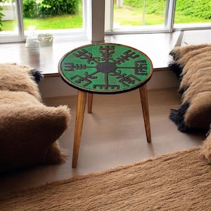 Hand Carved Round Wooden Side Table with Viking Compass | Custom Norse Decor | Green Vegvisir End Table | Nordic Gift Idea