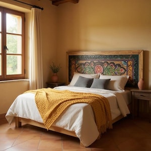 May include: A bedroom with a wooden bed frame and a headboard with colorful floral designs. The bed is made with white linens and gray pillows, and a yellow blanket is draped across the foot. A window with natural light is visible.