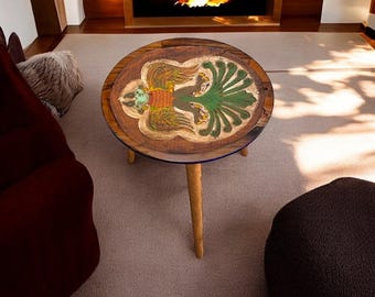Hand-Carved Double-Headed Eagle Walnut Side Table – Mythical Decor