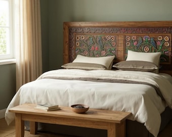 Hand Carved Wooden Headboard – Birds & Floral Design – Custom Size Rustic Bed Head – Queen, King, Full, Twin, Cali King