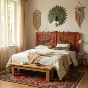 Hand Carved Peacock Headboard, Ornate Wood Bed Headboard with Flowers, Painted Boho Wall Art, Custom Wooden Bed Frame Accent