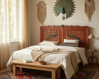 Hand Carved Peacock Headboard, Ornate Wood Bed Headboard with Flowers, Painted Boho Wall Art, Custom Wooden Bed Frame Accent