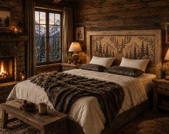 Carved Deer Headboard | Rustic Wooden Bed | Custom Cabin Furniture | Nature Inspired Decor