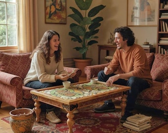 Handgeschnitzter hölzerner Couchtisch mit Doppelkopfadler - rechteckiger Boho-Tribaltisch, kundenspezifische Größen wählbar