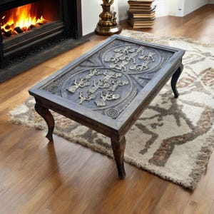 Hand Carved Mayan Coffee Table – Solid Wood Tribal Decor – Boho Ethnic Art Table – Custom Size Living Room Furniture