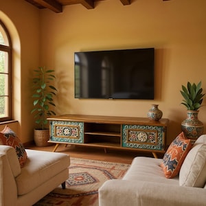 Puede incluir: Un salón con un mueble de TV de madera con detalles turquesa y florales. Un televisor de pantalla plana grande está montado encima del mueble. La habitación incluye dos sofás crema, jarrones decorativos y una alfombra estampada.