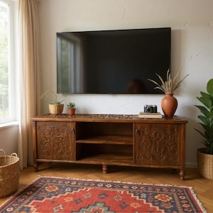 Hand Carved TV Stand – Walnut Finish Console – Rustic Boho Media Cabinet – Custom Size & Color Wooden Entertainment Unit