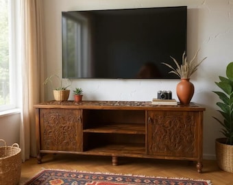 Hand Carved TV Stand – Walnut Finish Console – Rustic Boho Media Cabinet – Custom Size & Color Wooden Entertainment Unit