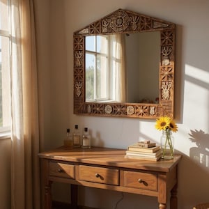 Hand-Carved Wooden Mirror Frame – Rustic Wall Mirror with Geometric & Symbolic Motifs, Boho Home Decor, Frame Only