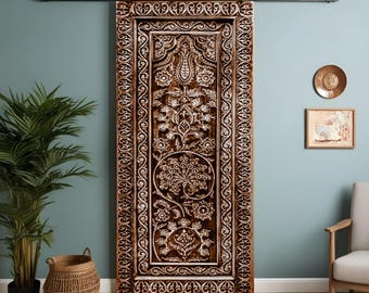 Hand Carved Floral Barn Door - Wooden Sliding Door Panel - Custom Size Decorative Interior Door - Rustic Artisan Wall Art