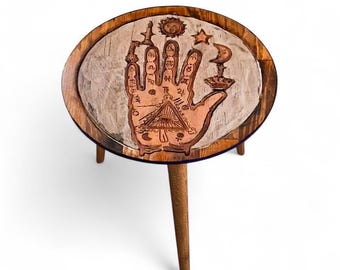Astrology Hand Carved Round Side Table – Wooden Celestial End Table with Glass Top Option