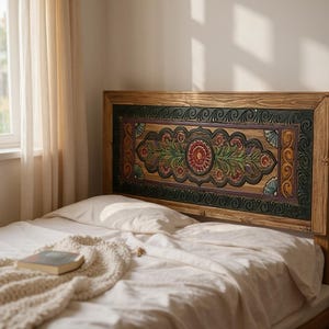 May include: Wooden headboard with a carved floral design. The headboard features a central red flower surrounded by green leaves and is framed by a dark green border. The bed is made with white linens and a cream-colored blanket.