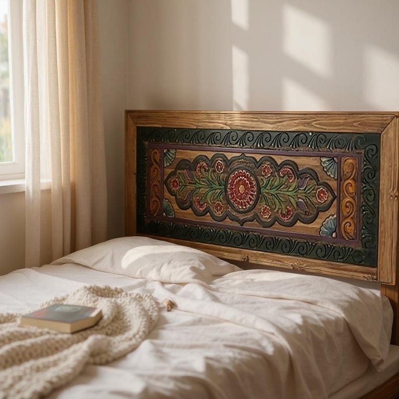 May include: Wooden headboard with a carved floral design. The headboard features a central red flower surrounded by green leaves and is framed by a dark green border. The bed is made with white linens and a cream-colored blanket.