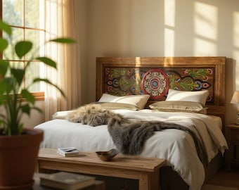 Hand Carved Wooden Headboard – Tulip & Floral Design – Green Leaf Nature Art – Custom Size Rustic Bed Head – Queen, King, Full, Twin