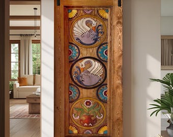 Hand Carved Swan & Floral Barn Door – Wooden Sliding Door Panel – Custom Size Rustic Interior Door – Unique Wood Art