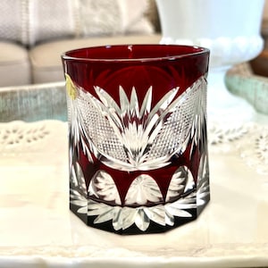 Vintage Byron Craft Edo Kiriko Ruby Cut to Clear Uoku Bamboo Leaves Design Old Fashioned - On The Rocks TYCAALAK