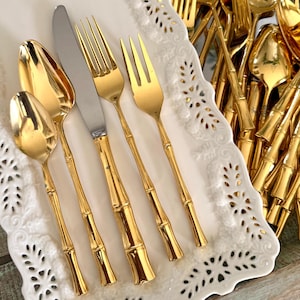 Viners of Sheffield Stainless Gold Electroplated Flatware set of 44 Pieces Bamboo Gold Cane Pattern Wedding - Service for 8  TYCAALAK