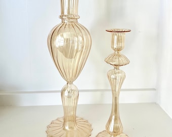 Absolutely Stunning Thin Twist Glass Amber Vase and Matching Single Candleholder Wedding Bridal Shower TYCAALAK