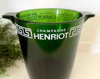 Vintage French Green Glass Champagne Henriot Ice Bucket, Mid Century Reims Bistro Barware, Rare Greek Key Emerald Wine Cooler TYCAALAK