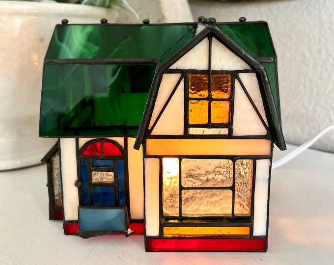 Vintage Victorian Style Illuminated Stained Glass Tudor Cottage Light Up, Table Light, Christmas