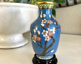 Stunning Vintage Cloisonné Cherry Blossom Vase, Floral Design, Blue Background TYCAALAK