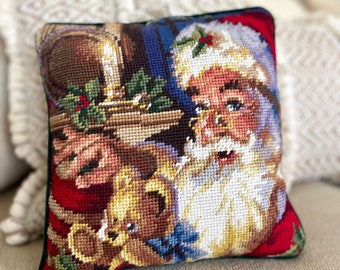Vintage Completed Needlepoint Pillow Santa Claus, Fireplace, Teddy Bear, Green Velvet Backing Christmas 9"x9" TYCAALAK