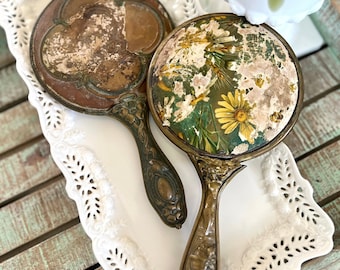 Vintage Art Nouveau Handheld Mirrors, Roman Soldier w/ Helmet - Floral Handle, Yellow Daisies - Mermaid Handle Beveled Mirror TYCAALAK